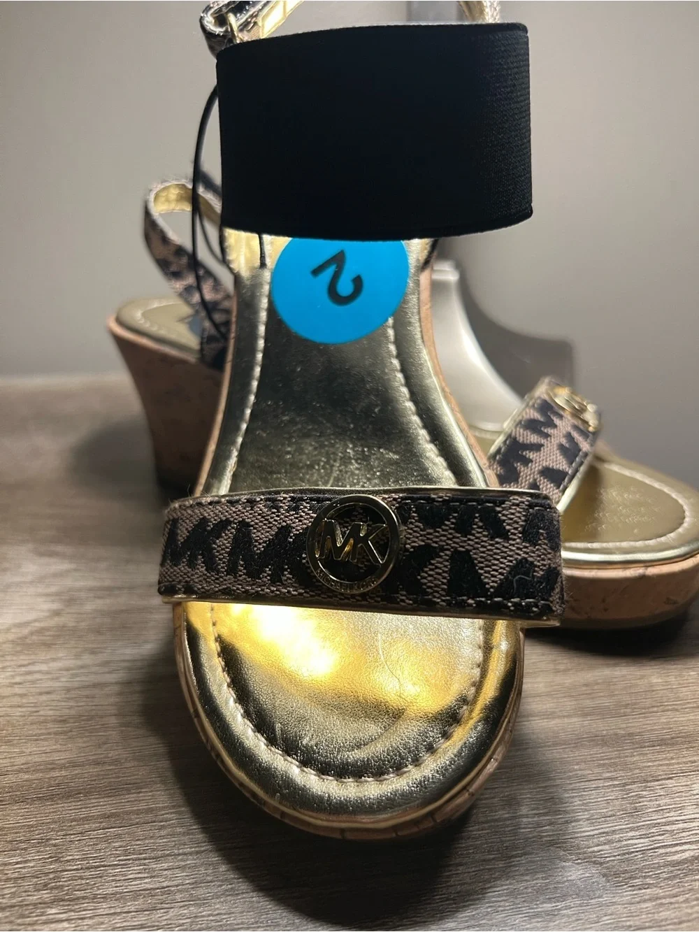 Michael Kors Gold Metallic Footbed Brown Logo Strap Sandals